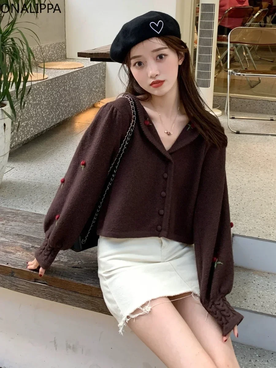 Onalippa Three Dimensional Flowers Cropped Cardigan Gentle Wind Notched Collar Knitted Cardigans Korean Single Breasted Sweater