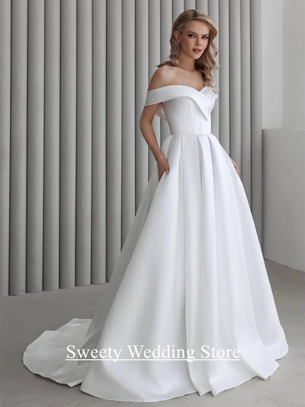 فساتين الزفاف الحديثة Vestido De Noiva مخصصة الخامس الرقبة قبالة الكتف ثنيات ألف خط قطار الاجتياح مشد فساتين الزفاف #3