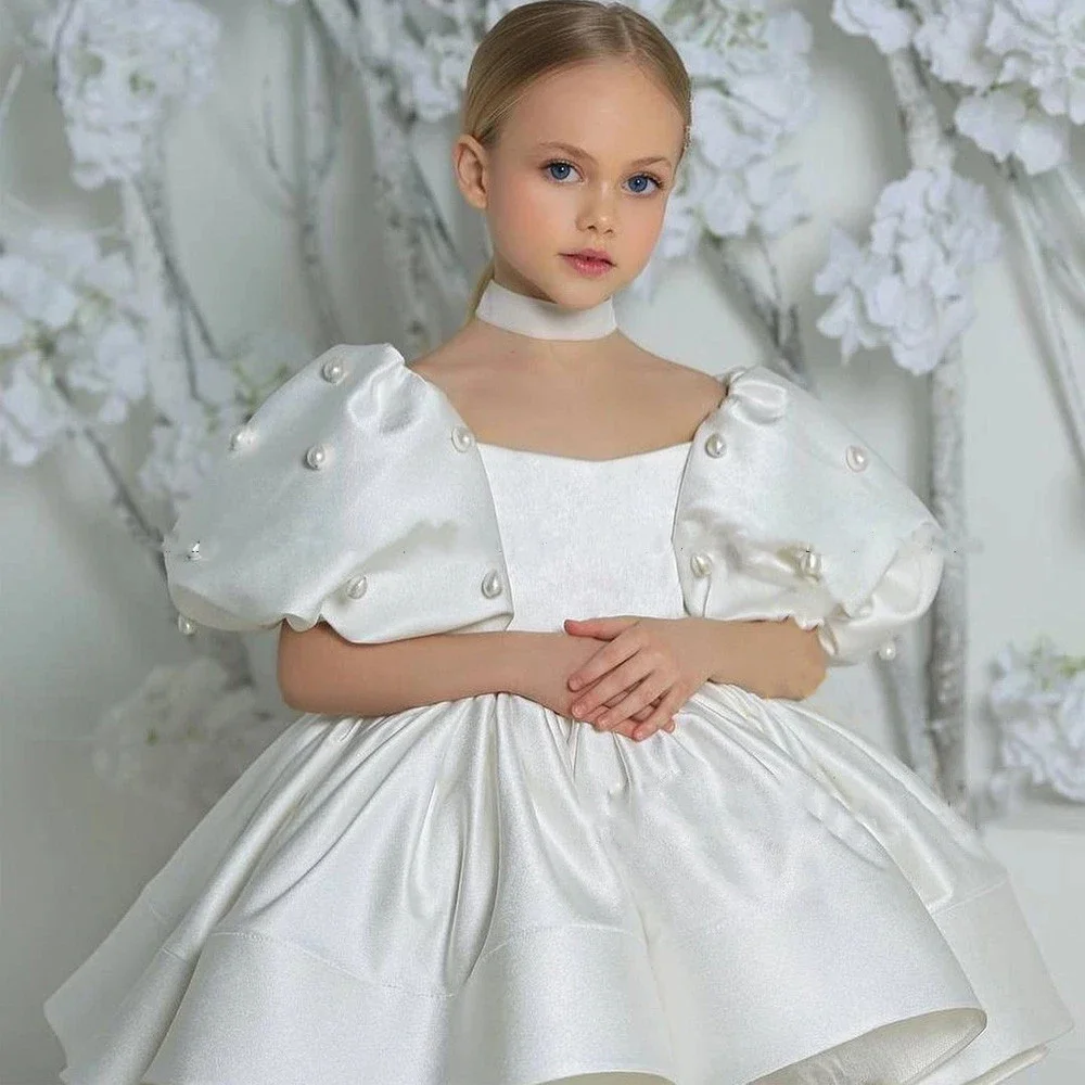 2024 Flower Girl Dress Scoop Neck Puff Girls Party Dresses for Wedding Short Sleeves Satin Kids Christmas Ceremonial Dress