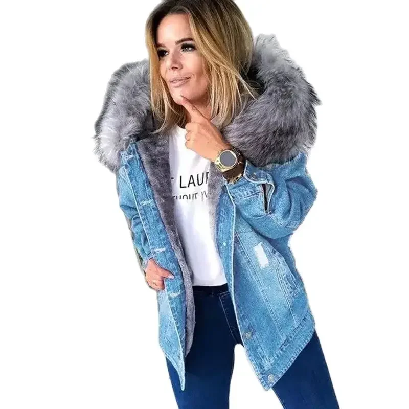 

Winter Padded Thickened Hooded Jacket Women New Casual Denim Coat Female Fashion Broken Holes Single-breasted Cardigan Outerwear