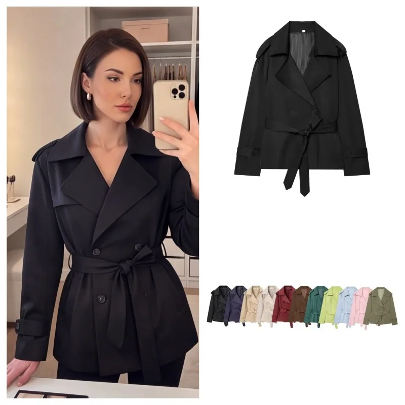 2026 Fall New Women's Solid Color Long Sleeve Tie-Front Cropped Trench Coat, European and American Stylish Casual Date Outfit
