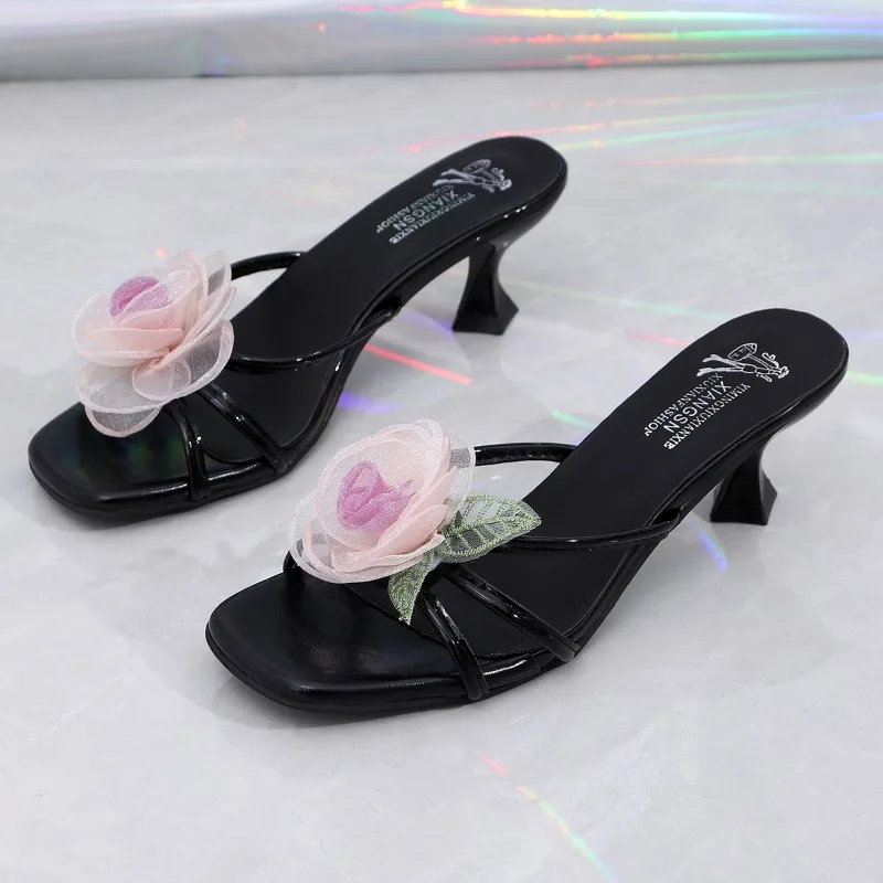 

Elegant Purple White Square Toe Flower Designer Slippers Sandals Women Party Dress Shoes Thin High Heels Gladiator Sandalias