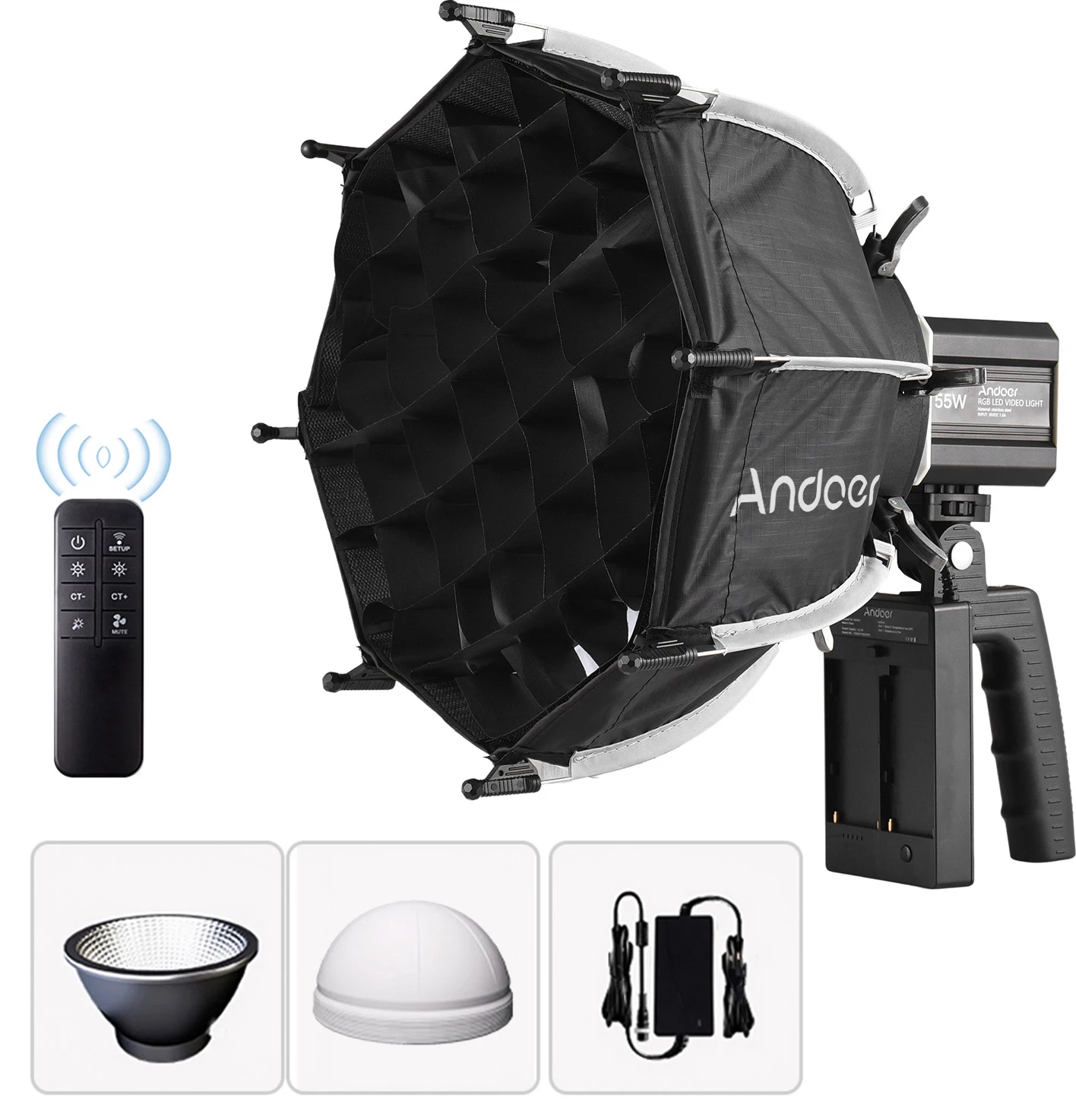 Andoer 55W RGB Video Light COB 2800K-6800K Dimmable 9 FX Effects with Mini Octagonal Softbox Reflector Handle Remote Control
