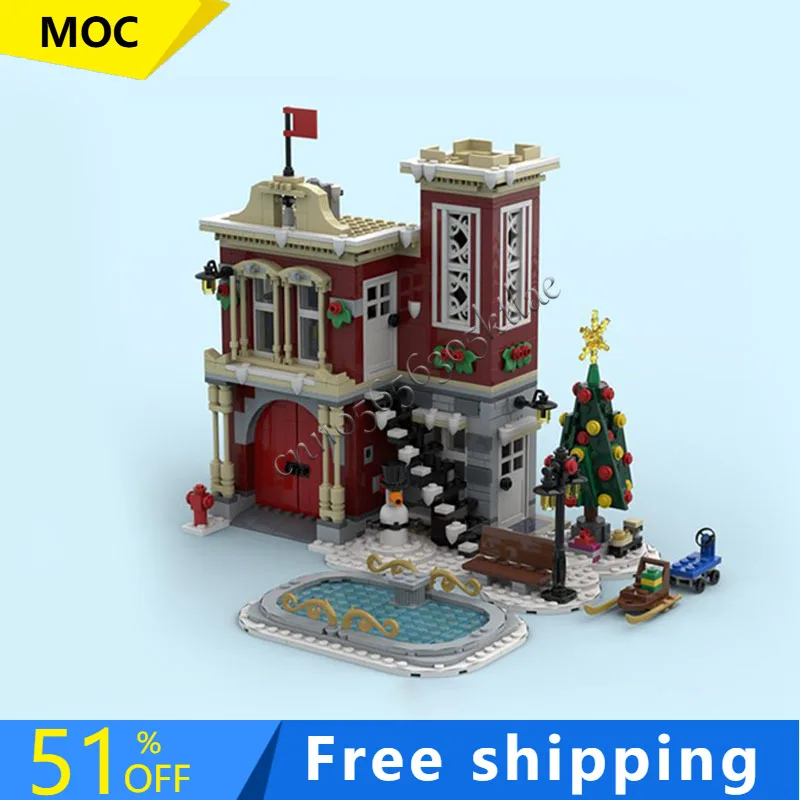 1181 Uds. MOC esquina invierno pueblo estación de bomberos bloque de construcción arquitectura Retro modelo juguete de exhibición niños montaje regalos de cumpleaños