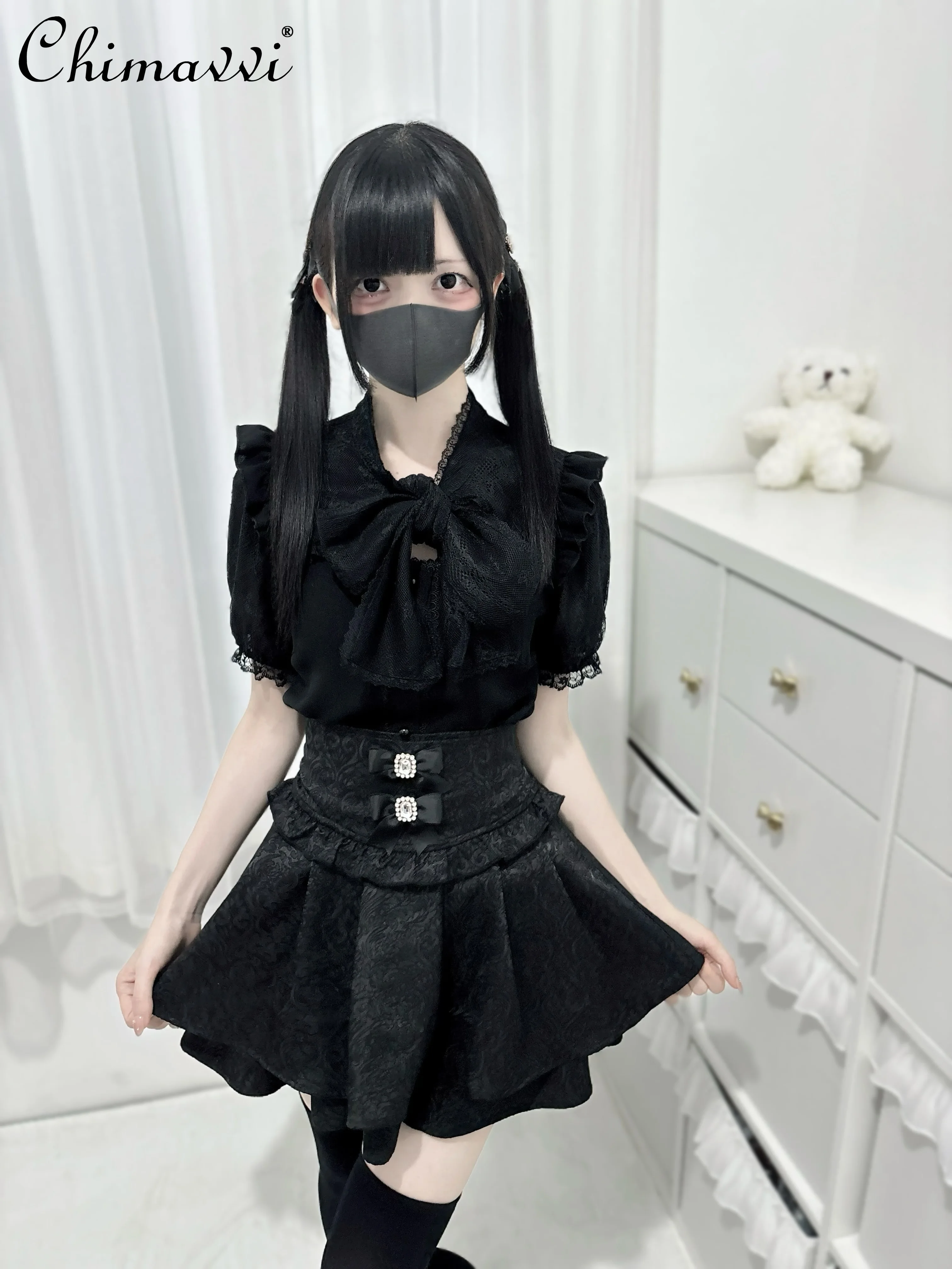 Summer New Japanese Sweet Girls Bow Double-Layer Dark Pattern High Waist Skirt Mass-Produced Mine Series Lolita A- Line Skirt