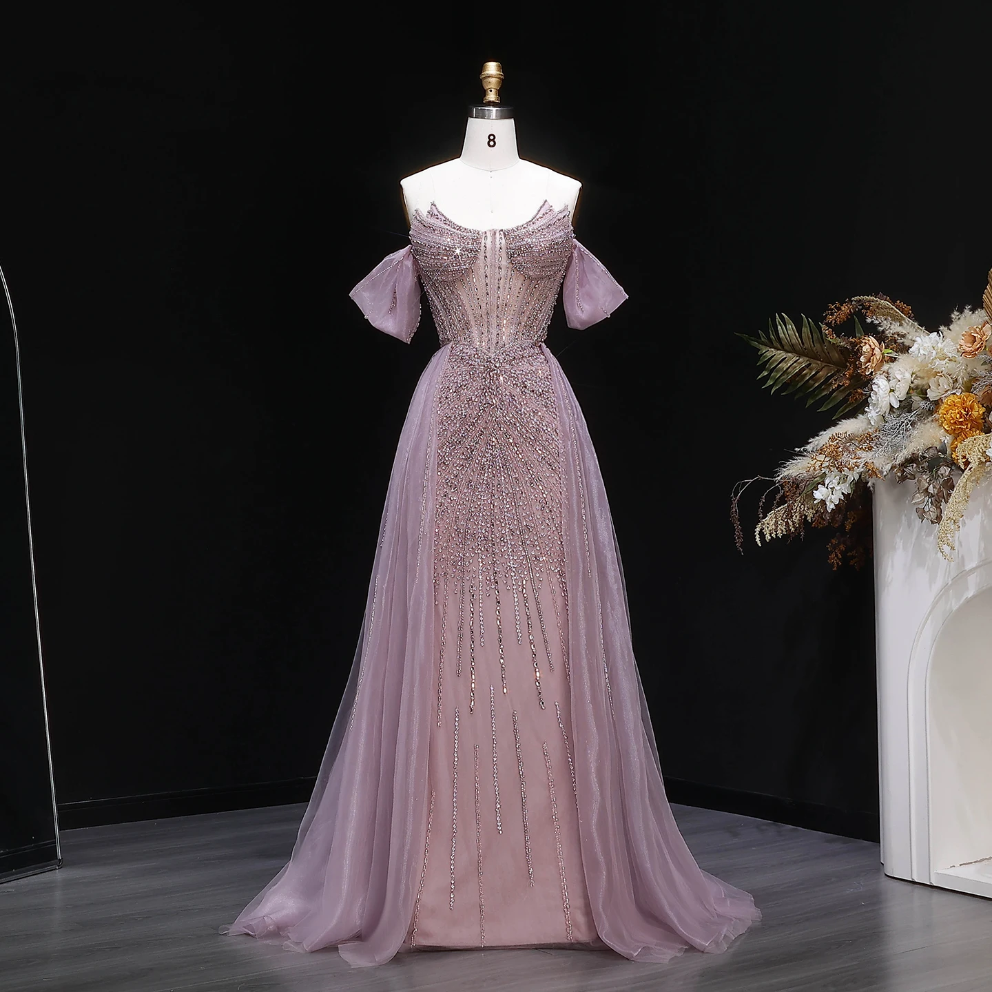 Sharon Said Elegantes Schulterfreies Abendkleid mit Überrock, Luxuriöses Perlenbesetztes Meerjungfrauenkleid für Arabische Damen, Formelle Partykleider SS120 Maßanfertigung – Detail 4