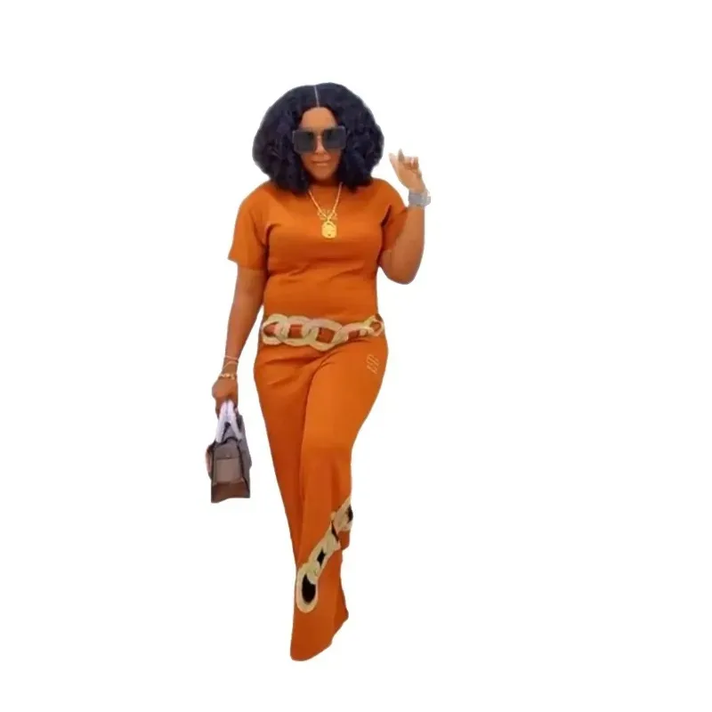 Plus Size Africa Style Hollow Diamond Women's Two-Piece Set Pure Color Top Fashionable Casual Comfortable Cotton Blend Long S...