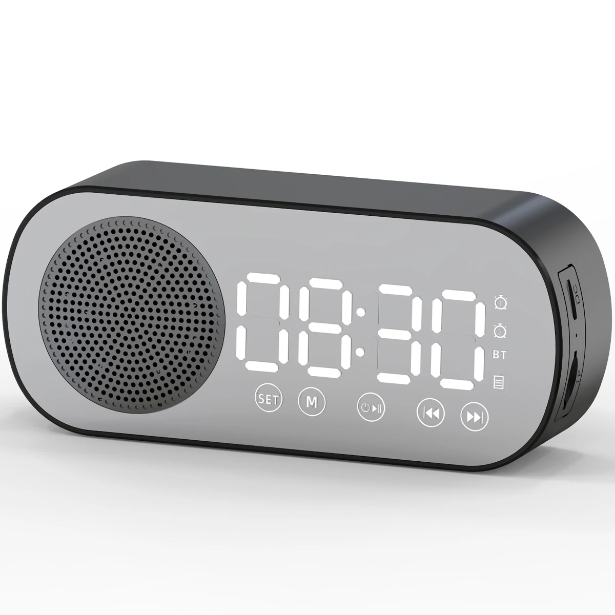 Digital Alarm Clock Bluetooth 5.0 Speaker LED Display Mirror Desk Alarm Clock with FM Radio Support TF Card Play Hands-Free Call