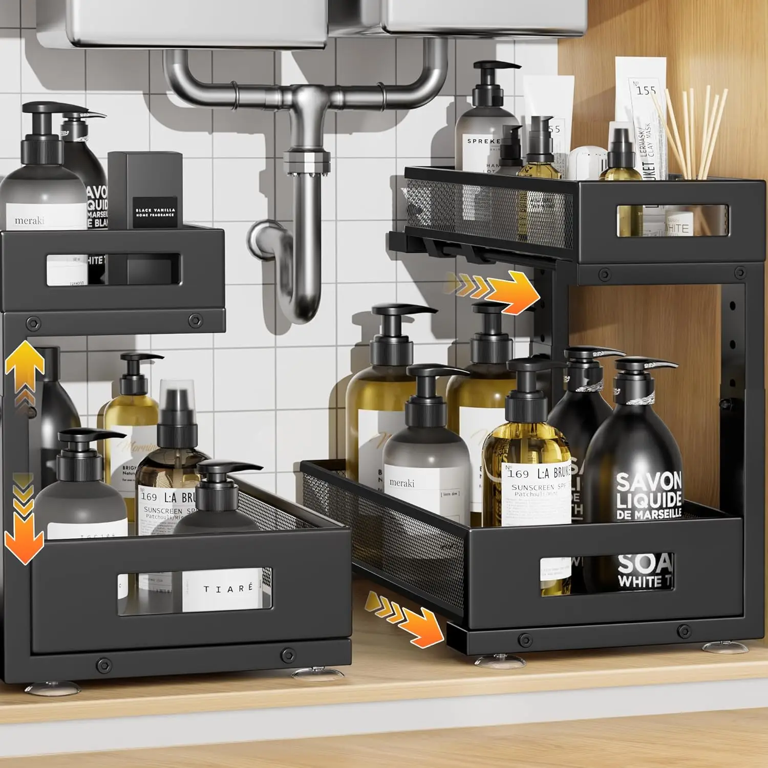 

Органайзер под раковину, состоящий из 2 предметов, большая двухъярусная выдвижная полка из сетки для кухни и ванной комнаты, L-образная регулируемая высота