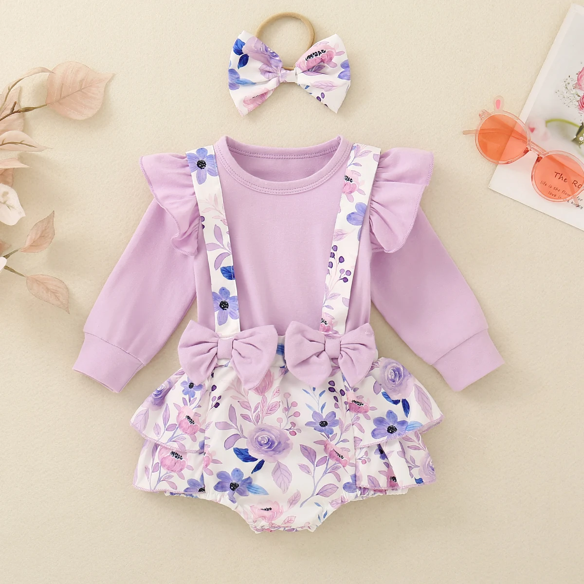 

Весенне-осенний комплект для девочек: однотонный топ и комбинезон с цветочным принтом, милый и очаровательный наряд для младенцев