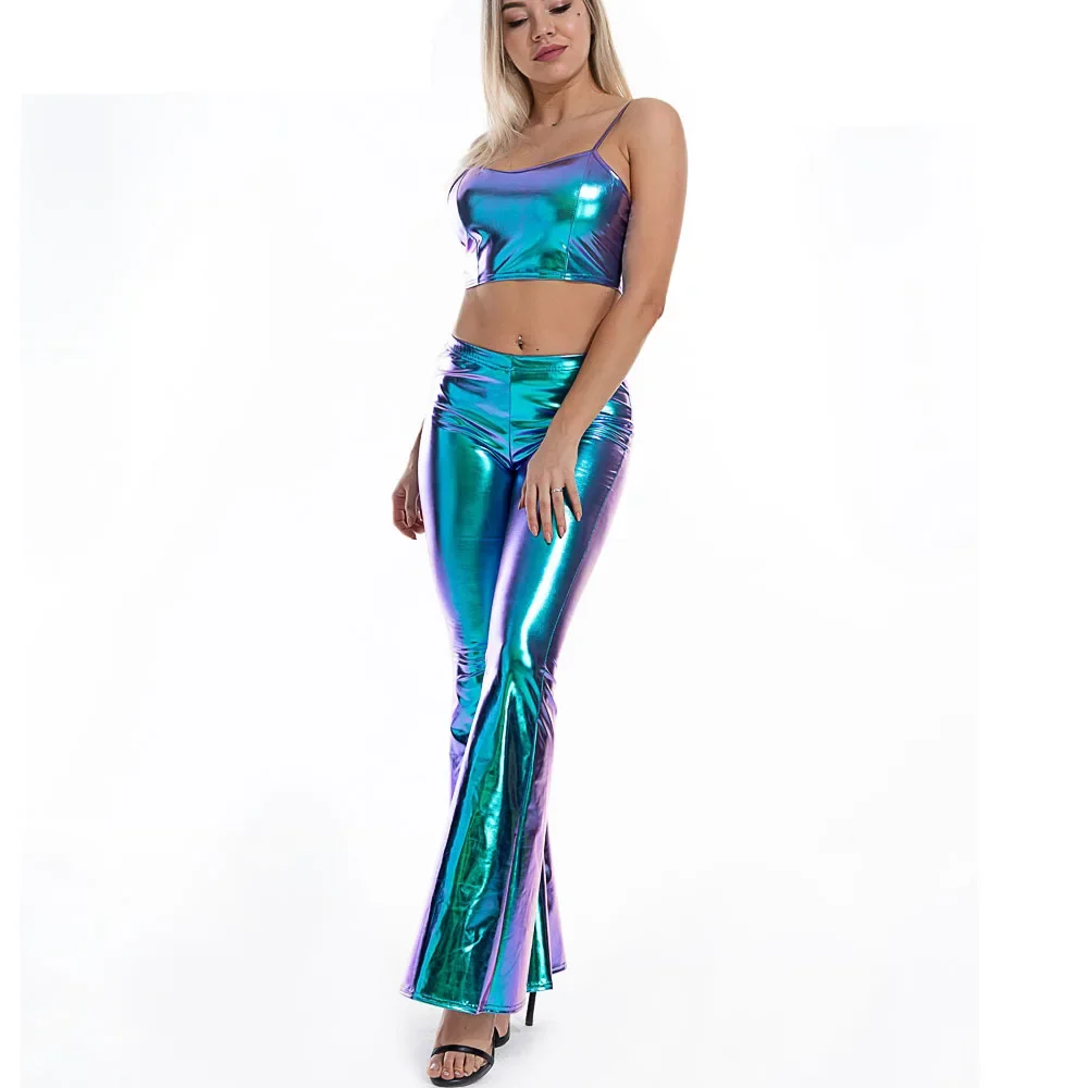 2022Sexy PU Leather Metallic Pants Shiny Holographic Flare Pants Women Girls Bodycon Elastic Waist Bell Bottom Trousers Clubwear