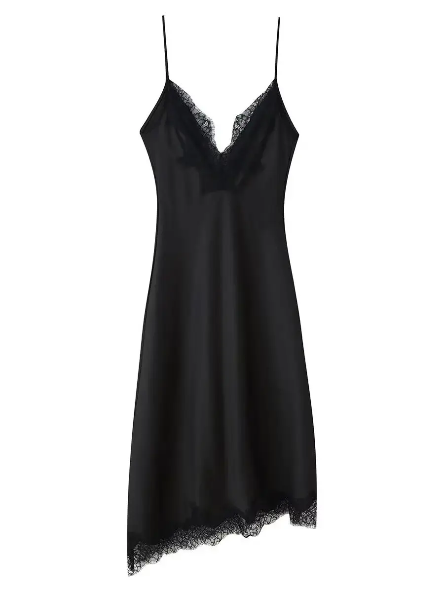 Robe à bretelles en dentelle pour femmes, tempérament polyvalent européen, Sexy, col en v, ourlet asymétrique, Robe en Satin de soie, 2025