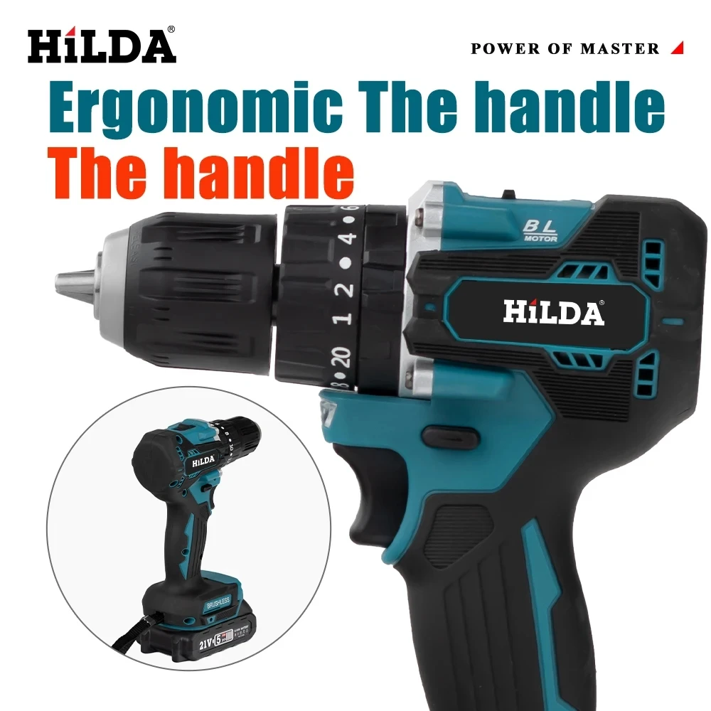 HILDA 21V Multi Functional Electric Impact Drill Cordless Screwdriver Power Tools 20+1 Torque For 21V Makita Lithium Battery