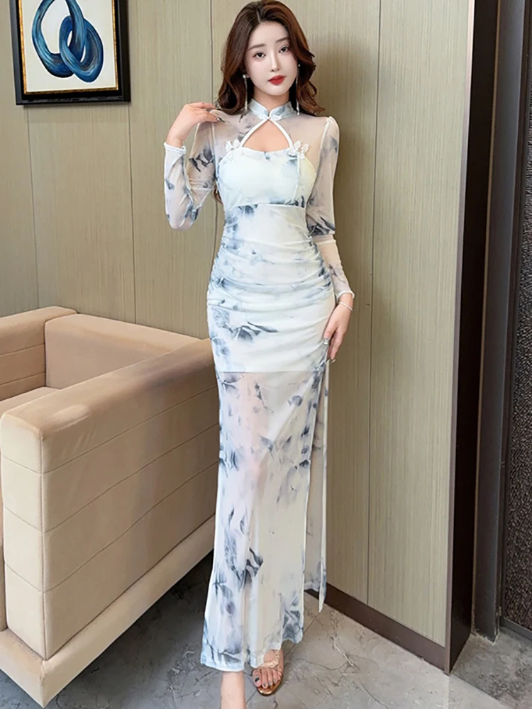 2025 Pink Floral Mesh Sheer Sexy Club Dress Women Elegant Casaul Holiday Dress Autumn Winter Korean Fashion Bodycon Party Dress