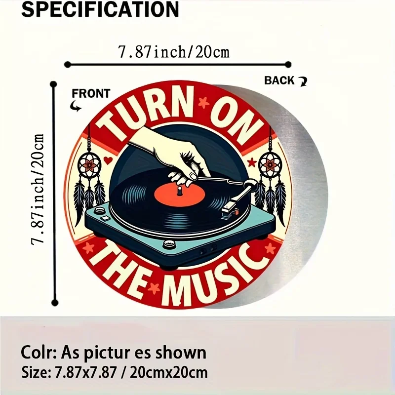2D Flat, Music Turntable Plaque: Turn on the Music. Round Iron Plaque with Vintage Record Player Design, Perfect for Retro Music