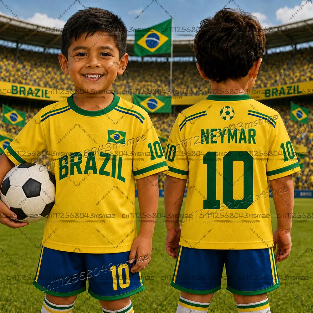 26 Boys' Football Suit T-shirt Shorts Set Women's Men's Harajuku Brazil Fan Shirt Shorts Set Children's Sports Suit 2-piece Set