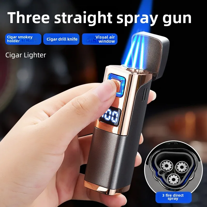 Creative three-fire direct blue flame cigar special fire-gathering lighter gas-electric  portable igniter lighter gadget