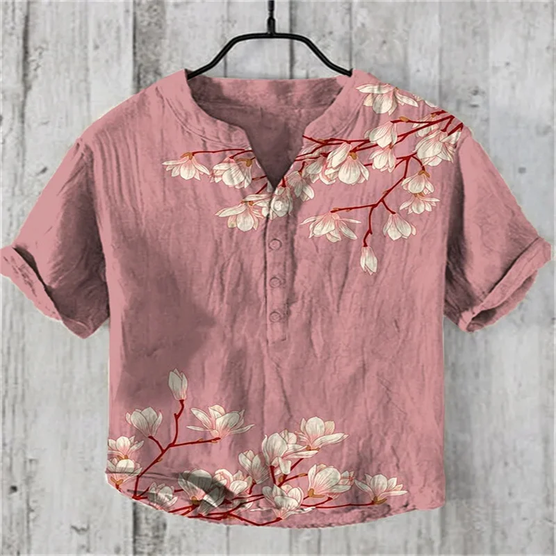 Men's Japanese plum blossom art comfortable shirt, summer fashion V-neck Henry shirt - short sleeved loose casual clothing top