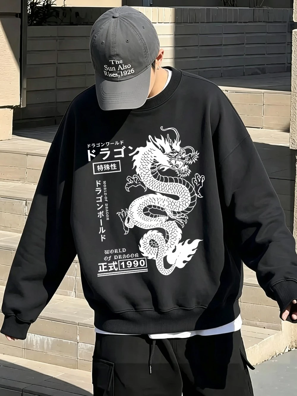 Vintage Japanese Dragon Printed Pullovers Mens Basics Loose Sweatshirts Casual Fleece Warm Hoodie Winter Crewneck Clothes