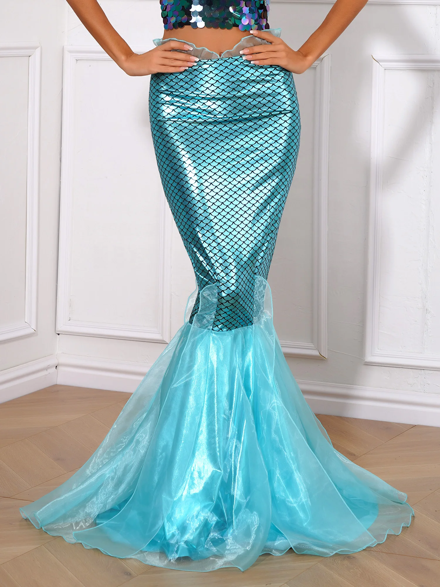 Women Long Mermaid Skirt Halloween Mermaid Costume Hologram Scale Slim Maxi Skirt Shiny Fishtail Skirt Anime Cosplay Fancy Dress