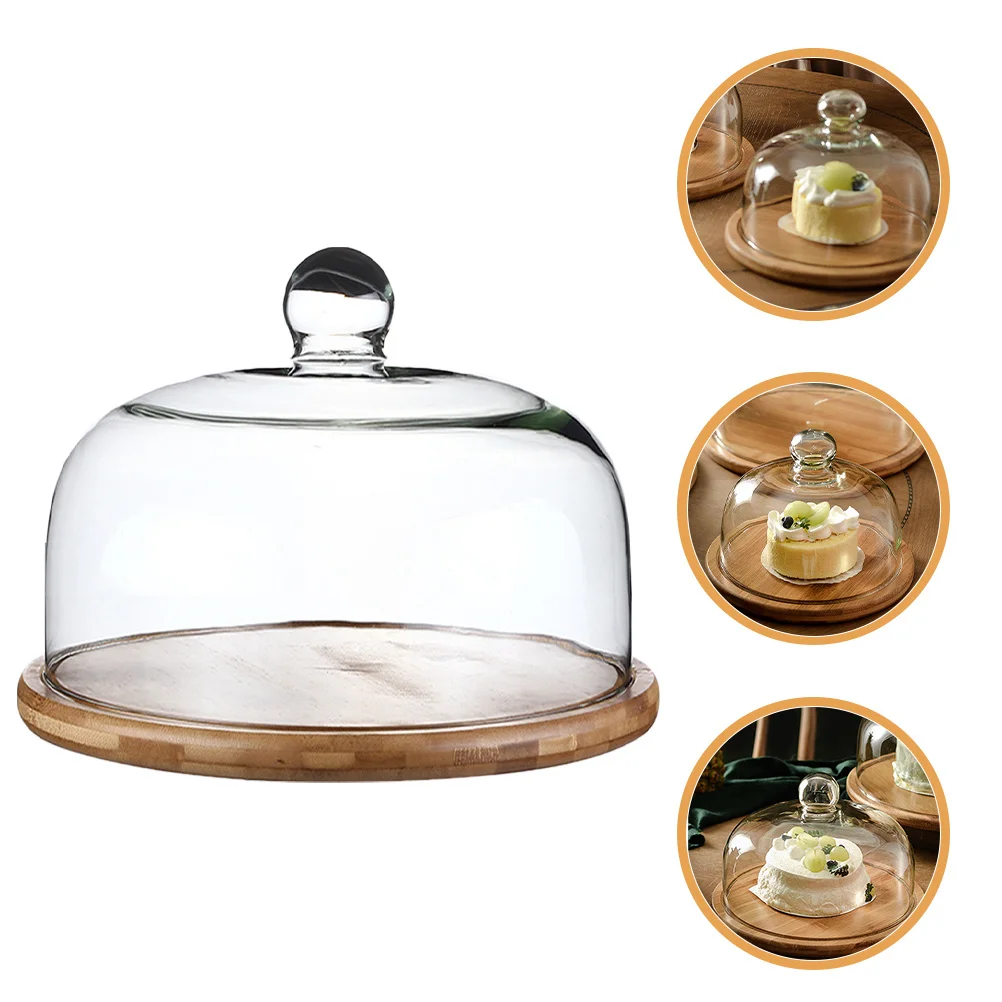

1Set Glass Food Cover Cake Dome Protective Cover Easy Clean with Handle and Wooden Tray for Desserts Breads Snacks Holiday Meals