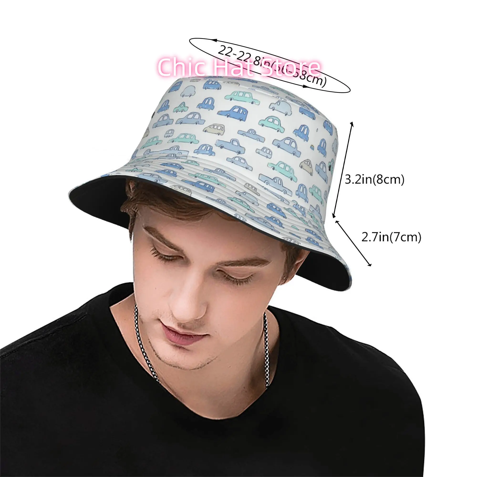 1pc Blue Cartoon Car Pattern Fully printed fisherman hat beach hat, unisex outdoor sun hats, sun hats, fashionable bucket hatss