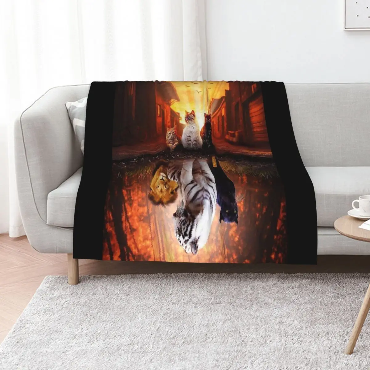 Cat vs Tiger - Cat is Tiger Reflection Throw Blanket Luxury valentine gift ideas cosplay anime manga Flannels Custom Blankets