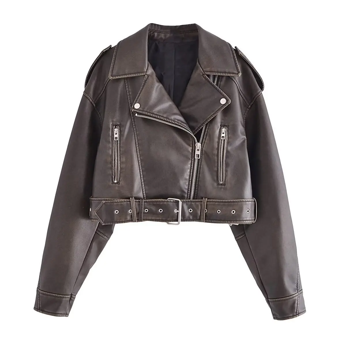 SUSOLA dames vintage losse pu kunstleer korte jas met riem streetwear vrouwelijke rits retro moto biker jas uitloper tops