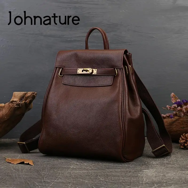 Zaino Johnature in vera pelle Vintage pelle bovina naturale borsa da donna di grande capacità per il tempo libero zaini da viaggio all\'aperto