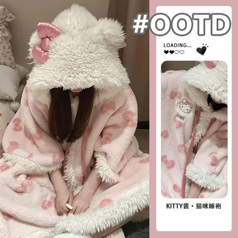 2024 New Hello Kitty Cute Cartoon Hooded Pajamas Female Winter Plus Velvet Coral Velvet Loose Warm Nightgown Cloak Nightgown