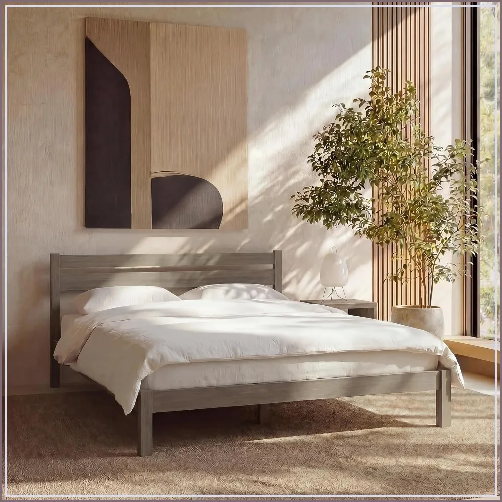 King Bed Frame with Headboard Wood Platform, Noise Free, Under Bed Storage, Gray