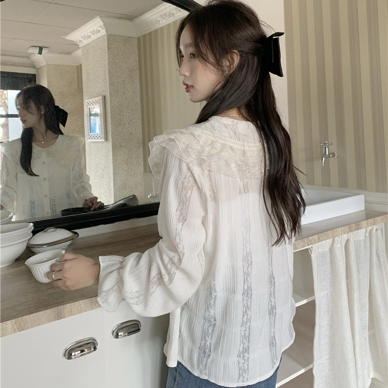 Spring Long Sleeve Shirts Women Lovely Lace Peter Pan Collar Tops Gentle Chic Female Aesthetic Clothes Stylish Camisas De Mujer