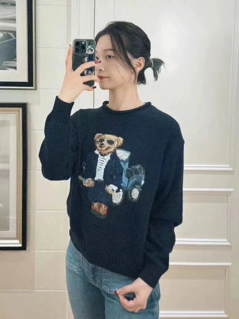 Sweater autumn and winter unisex comfortable casual sports car bear embroidery deep blue pure cotton top sweatshirt