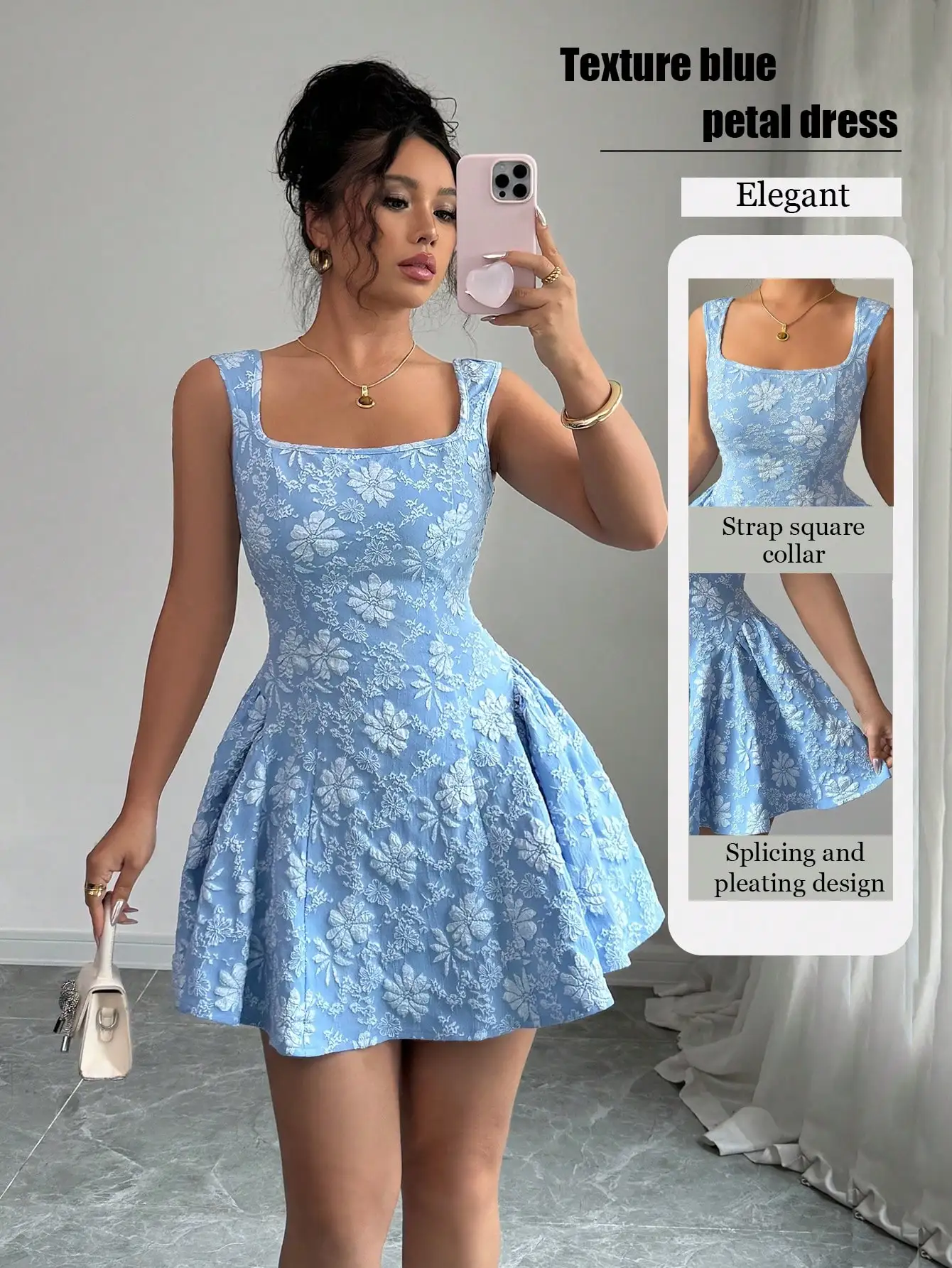 

Elegant Blue Textured Floral Jacquard Mini Dress with Square Collar and Pleated Skirt
