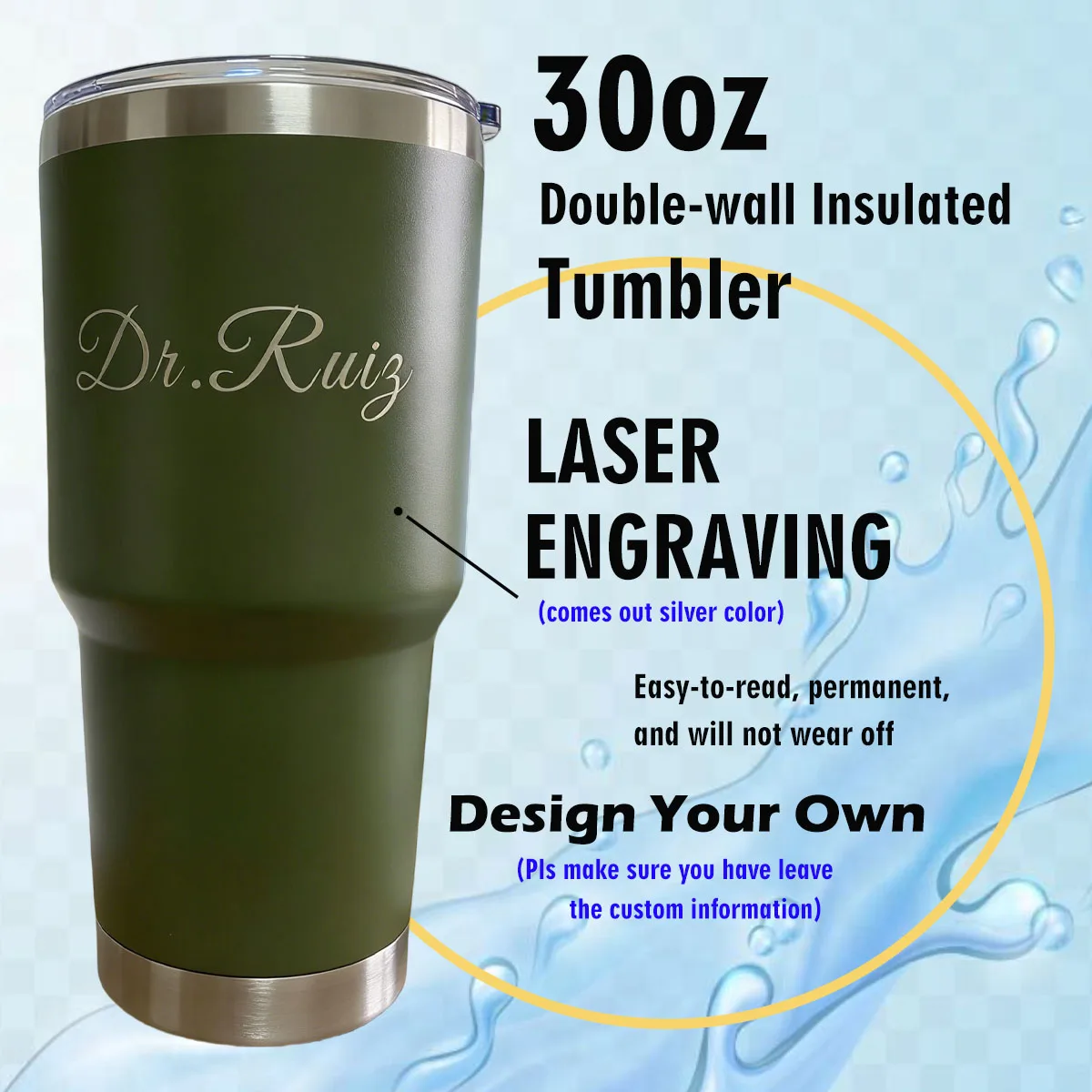 Custom Personalized 30 oz Vacuum Insulated Stainless Steel Large Capacity Tumbler for Workouts, Yoga, Gym, Office, Women, Men view 3