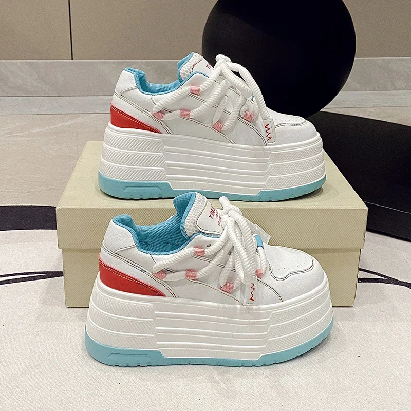 8CM trampki na wysokiej platformie damskie codzienne skórzane buty sportowe nowa jesienna wulkanizowana deskorolka białe buty kobieta Chaussures Femme