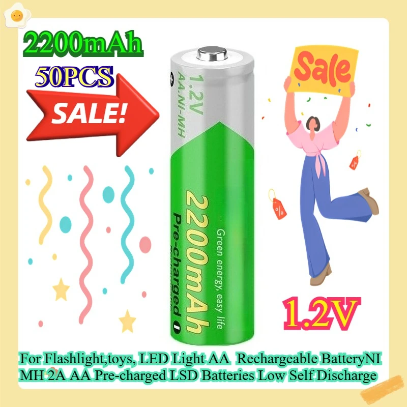 

For Flashlight,toys, LED Light AA Rechargeable BatteryNIMH 2A AA Pre-charged LSD Batteries Low Self Discharge 1.2V 2200mAh 50pcs