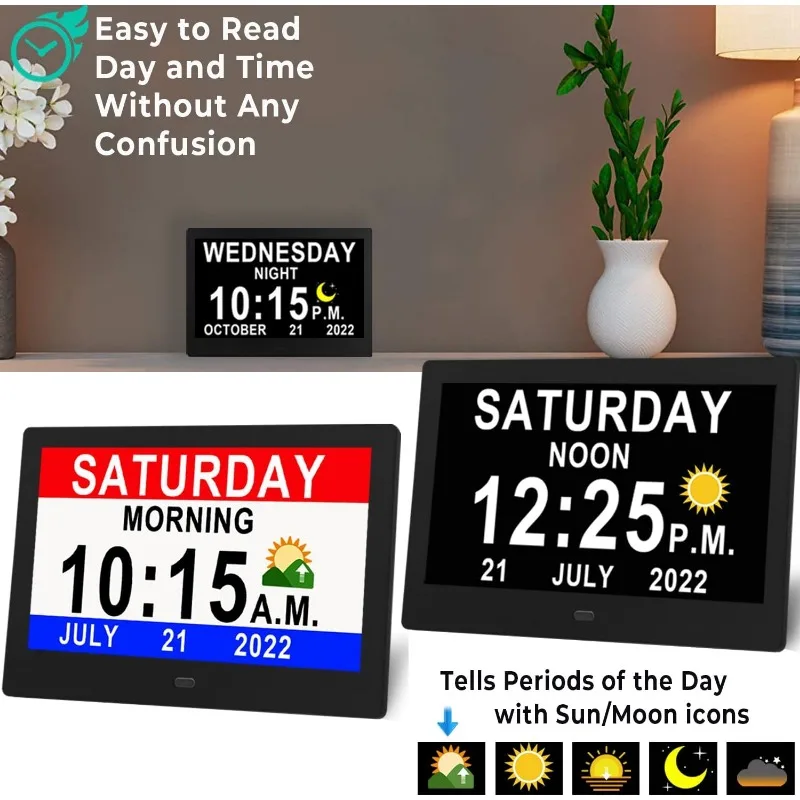 11.5 Inch Large Digital Clock with Auto DST and Sun Moon Icons, Custom Reminders and Calendar Clock, Day Date Clock for Seniors
