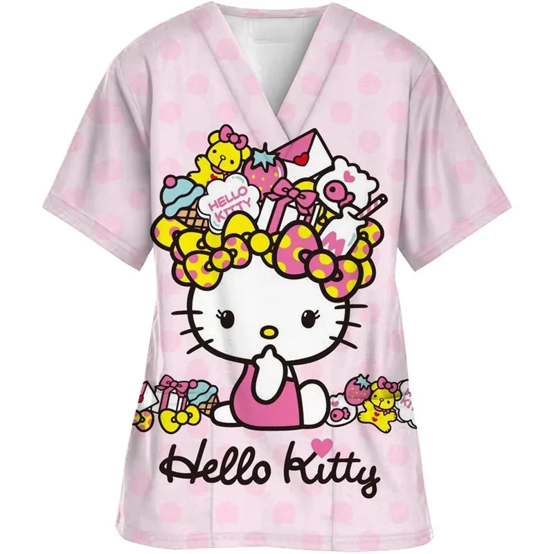 الكرتون اللون حجب مرحبا كيتي مطبوعة ممرضة الدعك المرأة ممرضة موحدة الخامس الرقبة عيادة موحدة مستشفى سبا تي شيرت