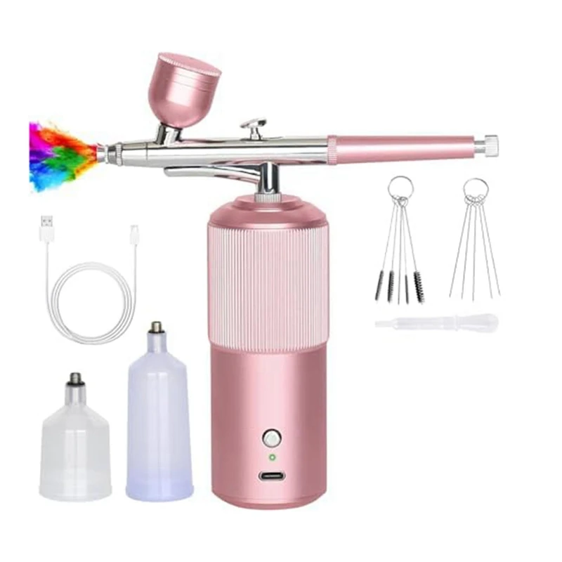 Airbrush Set - Handheld Airbrush Compressor Rechargeable Cordless Automatic Pink Metal For Nail Art, Cosmetics, Cake Decorating