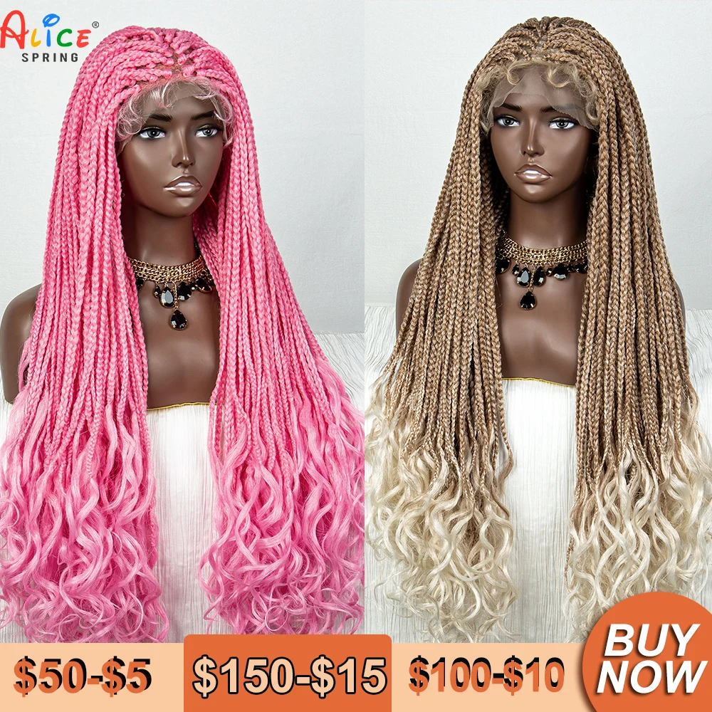 36 Inches Long Braided Wigs Synthetic Lace Front Wigs with Baby Hair Water Wave Ends Pink Blonde 613 for Black Women Daily Wear