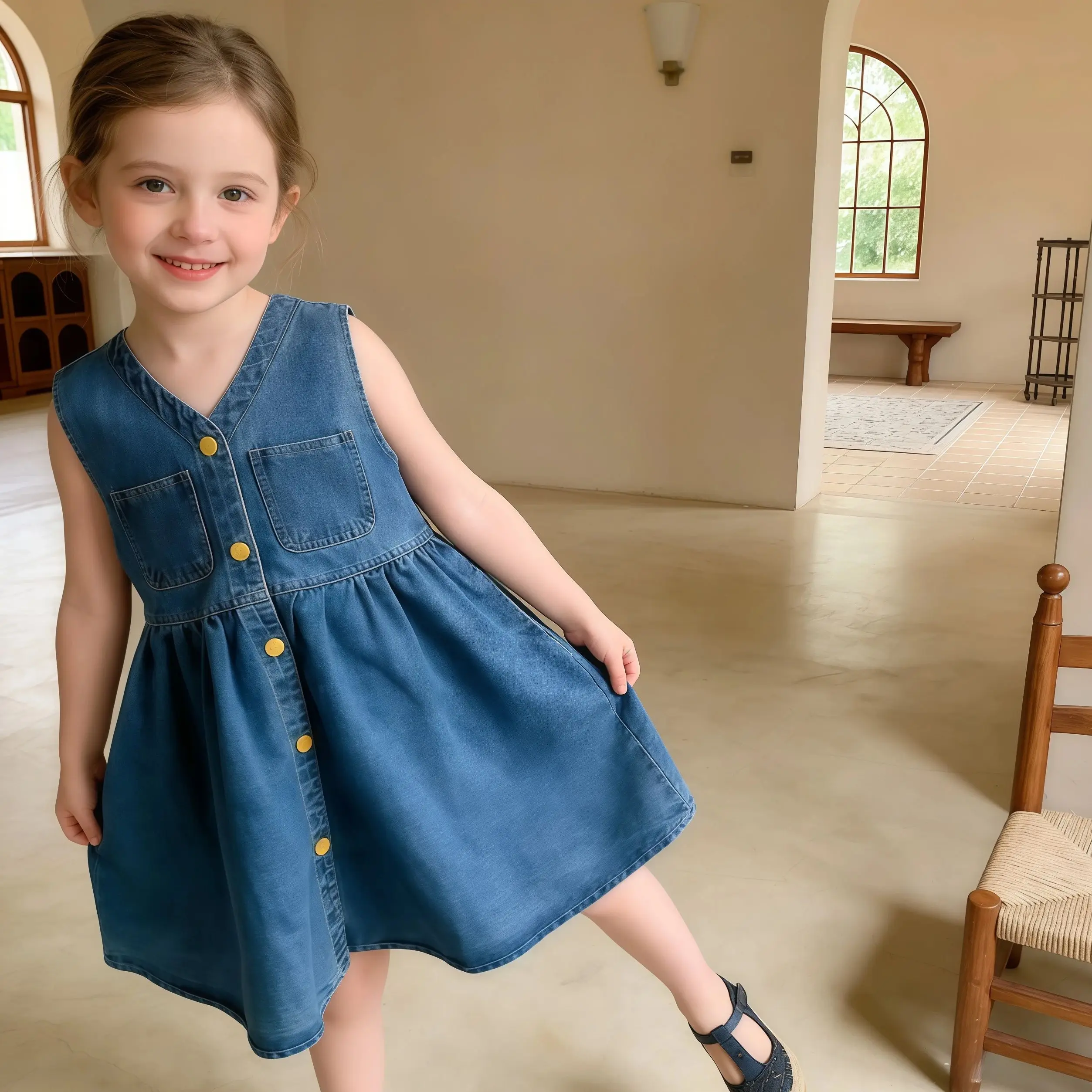 Modisches koreanisches ärmelloses Jeanskleid für Mädchen, einfarbig, V-Ausschnitt, Kinderkleidung, Sommer, lässiges Hemdkleid für Kinder