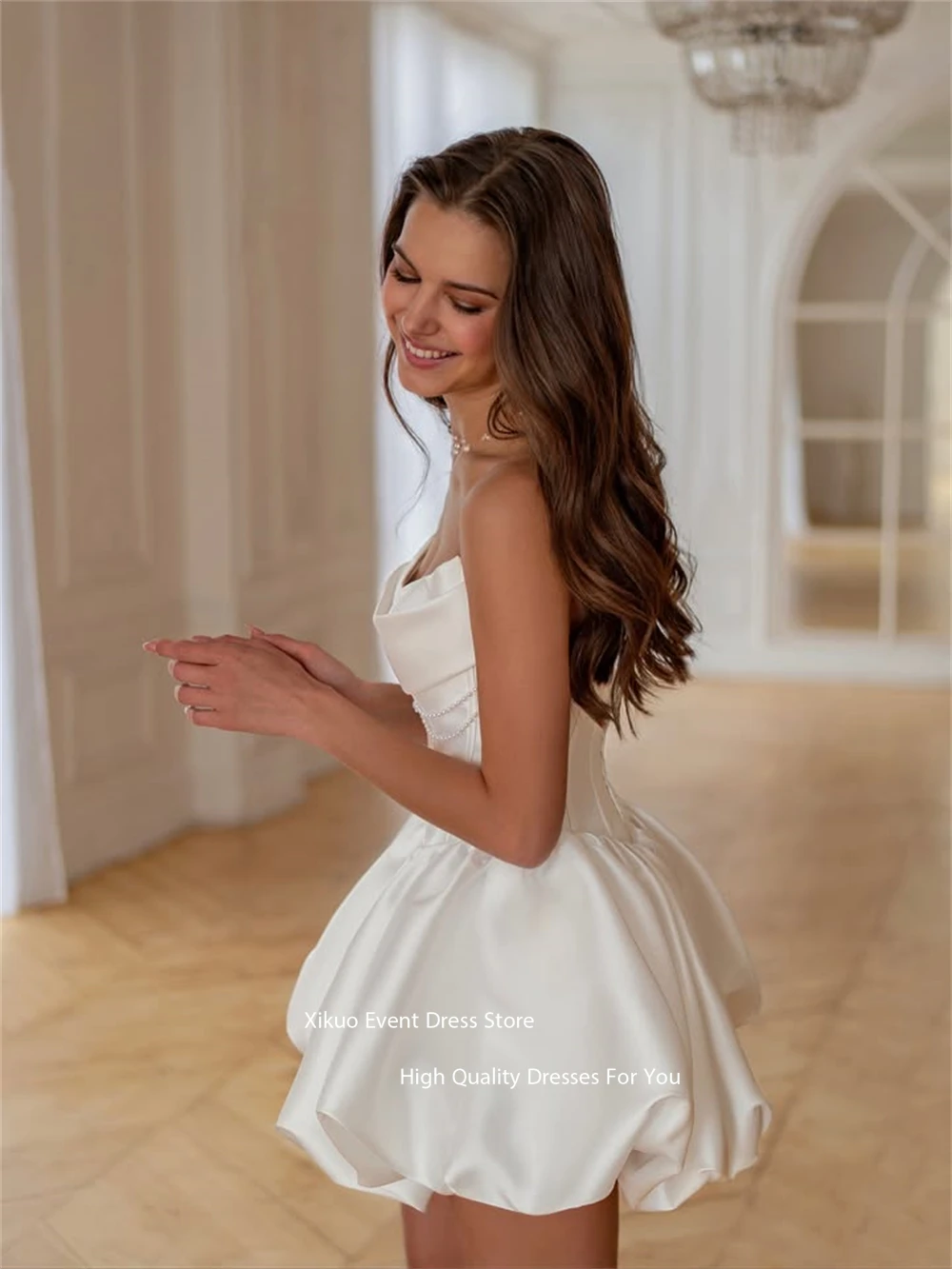 Xikuo Pearls A Line Pleated Wedding Dress Elegant Satin Civil Modern Bridal Gowns White Strapless Homecoming Dresses Customized