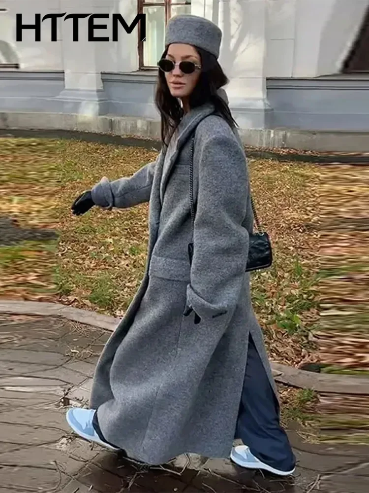 Grey Pocket Women's Overcoat Loose Turn-down Collar Double Breasted Ankle-length 2026 Winter Lady Full Sleeve Fashion Outwear