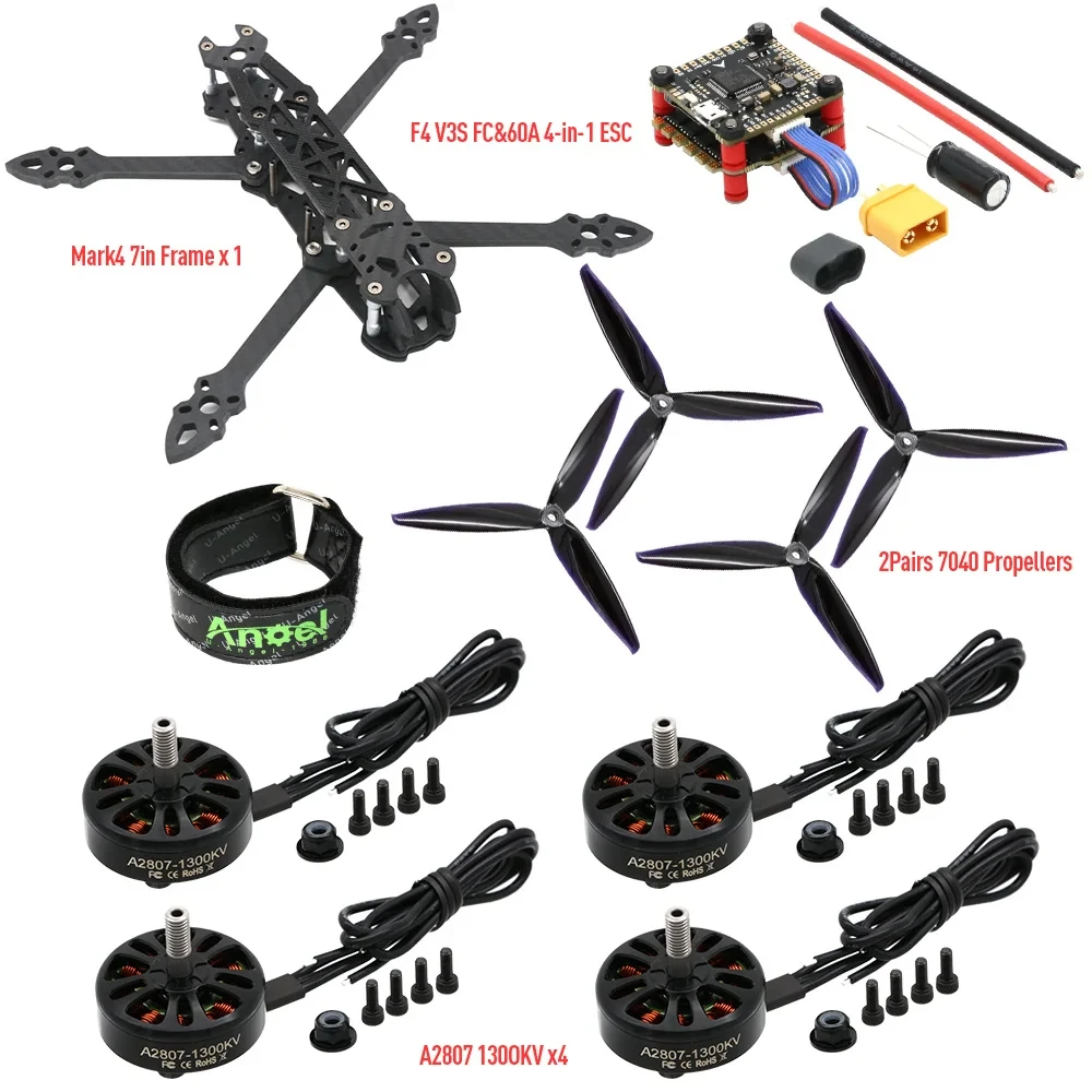 Mark 4 7inch 295mm Wheelbase Carbon Frame 28071300KV Brushless Motor 7040 propeller 60A ESC F4V3S for Mark4 FPV Long Range Drone