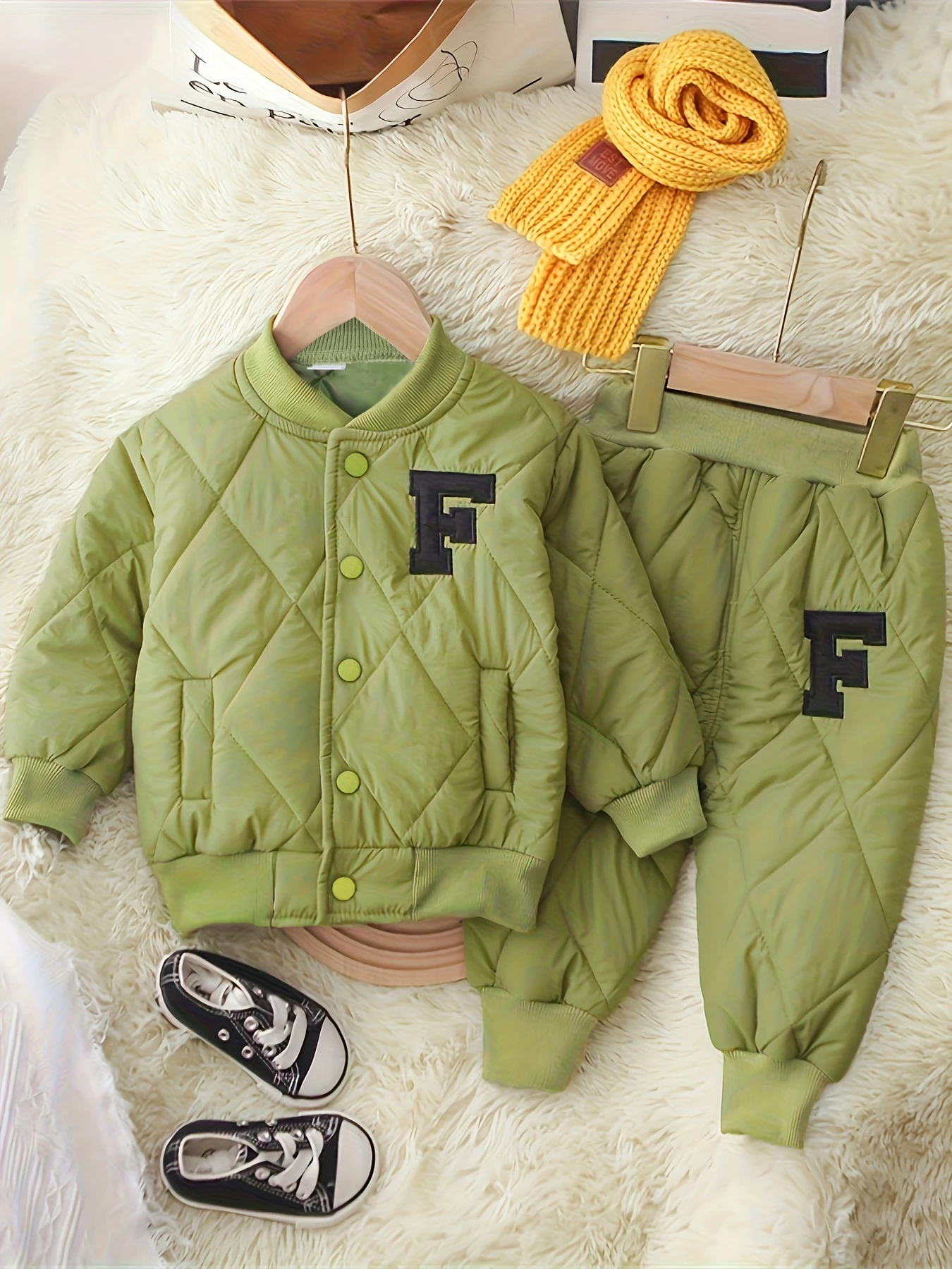 Toddler Letter F Quilted Baseball Jacket Jogger Pants 2Pcs Set Kids Winter Padded Outfit