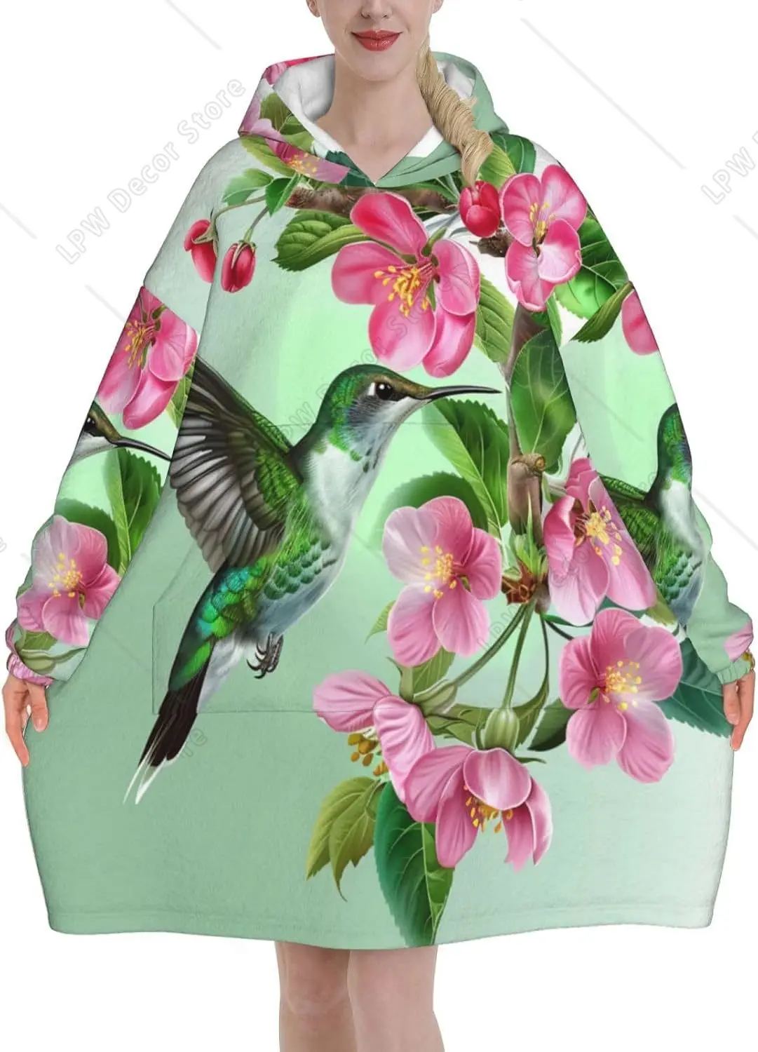 Spring Flower Hummingbird Wearable Blanket Hoodie Bird Floral Oversized Sweatshirt Blanket Cozy Warm Sherpa Hooded Blanket