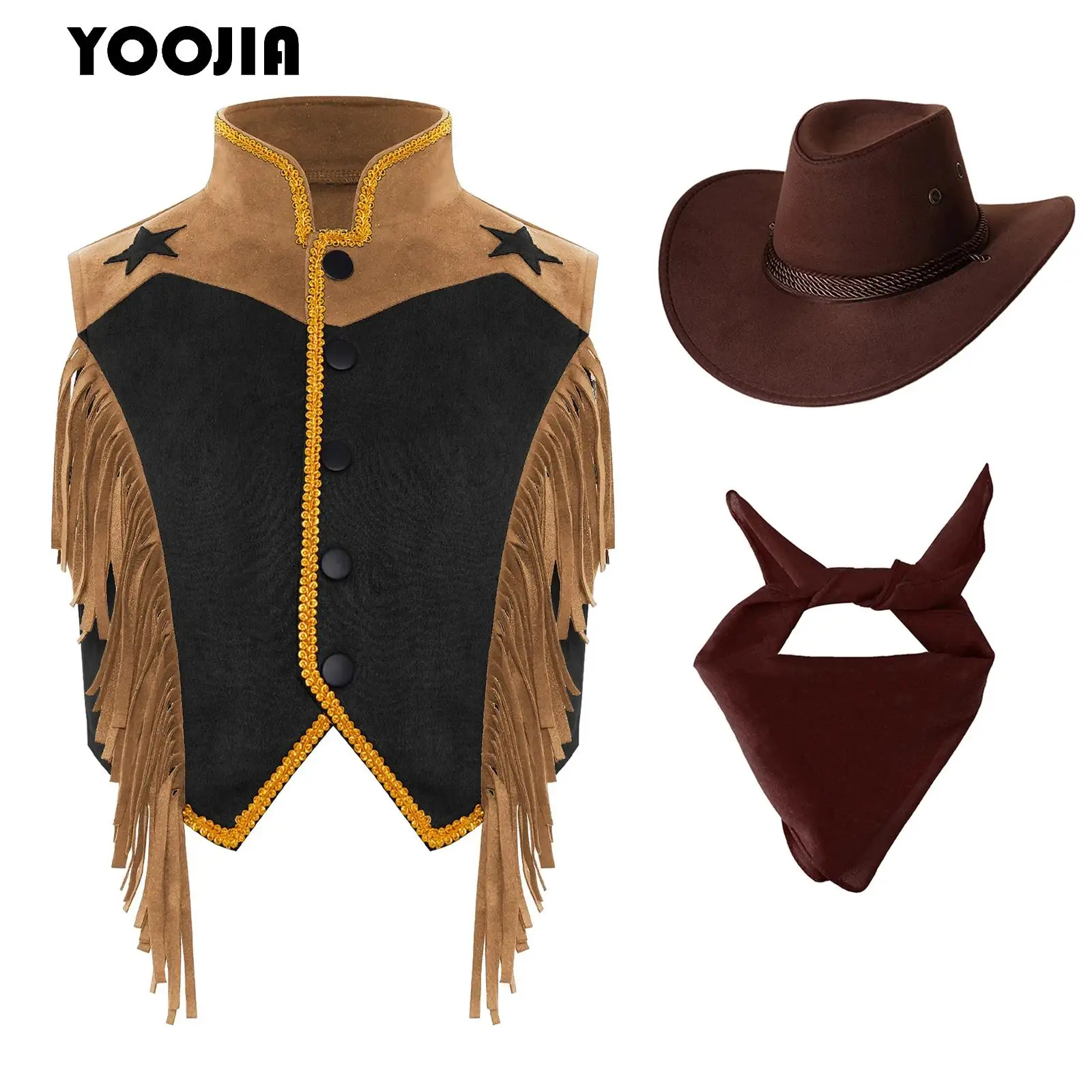 

Halloween Western Cowboy Cowgirl Dress Up for Kids Boys Girls Fringed Vest Waistcoat with Hat Bandana Set Cowboy Cosplay Costume