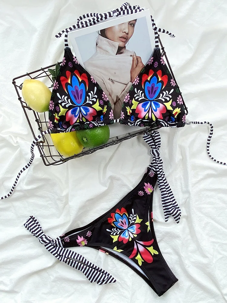 Summer New Colorful Floral Printed Swimsuit 2024 Trend Bikini Sets Women Black Halter Sexy Swimwear