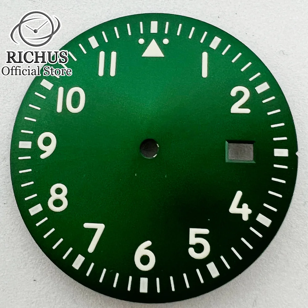 RICHUS 33.8mm NH35 dial green luminous needls dial fit NH35 NH35A Movement black silver green blue sterile dial Watch With Date